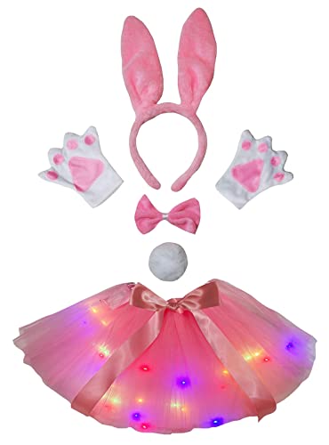 Petitebelle Hasenohren-Stirnband, Fliege, Schwanz, Handschuhe, Tutu, 5-teiliges Mädchen-Kostüm, 1–10 Jahre (rosa LED, 1–5 Jahre) von Petitebelle