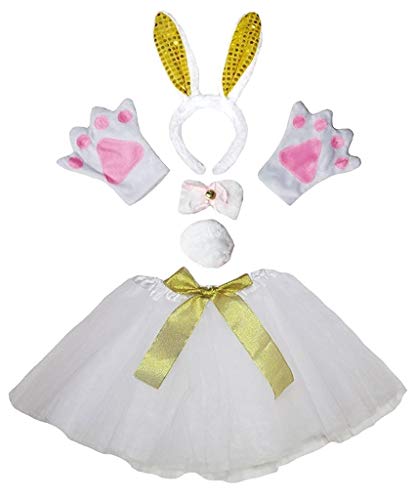 Petitebelle Hasenohren-Stirnband, Fliege, Schwanz, Handschuhe, Tutu, 5-teiliges Mädchen-Kostüm, 1–10 Jahre (weiß/gelbe Pailletten, 1–5 Jahre) von Petitebelle