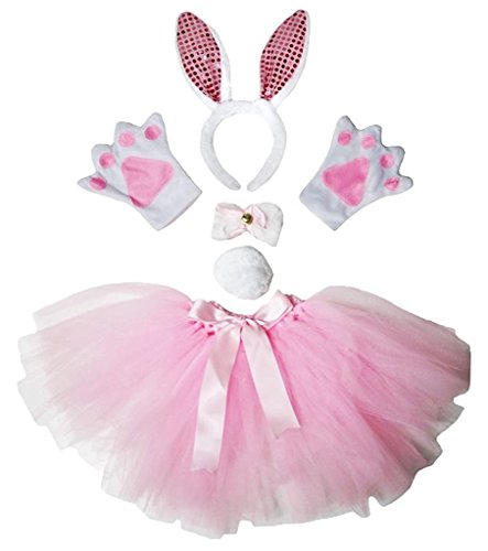 Petitebelle Hasenohren-Stirnband, Fliege, Schwanz, Handschuhe, Tutu, 5-teiliges Mädchen-Kostüm, 1–10 Jahre (weiß/rosa Pailletten, 1–5 Jahre) von Petitebelle