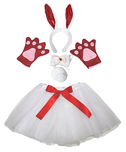 Petitebelle Hasenohren-Stirnband, Fliege, Schwanz, Handschuhe, Tutu, 5-teiliges Mädchen-Kostüm, 1–10 Jahre (weiß/rote Pailletten, 1–5 Jahre) von Petitebelle