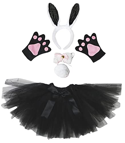 Petitebelle Hasenohren-Stirnband, Fliege, Schwanz, Handschuhe, Tutu, 5-teiliges Mädchen-Kostüm, 1–10 Jahre (weiß/schwarze Pailletten, 1–5 Jahre) von Petitebelle