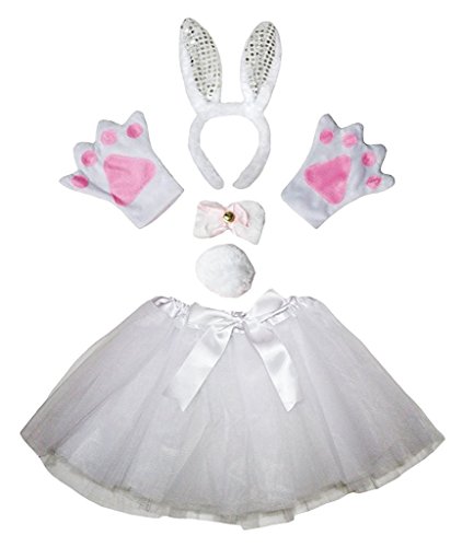 Petitebelle Hasenohren-Stirnband, Fliege, Schwanz, Handschuhe, Tutu, 5-teiliges Mädchen-Kostüm, 1–10 Jahre (weiß/weiße Pailletten, 1–5 Jahre) von Petitebelle