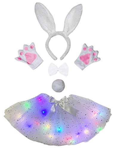 Petitebelle Hasenohren-Stirnband, Fliege, Schwanz, Handschuhe, Tutu, 5-teiliges Mädchen-Kostüm, 1–10 Jahre (weiße LED, 1–5 Jahre) von Petitebelle