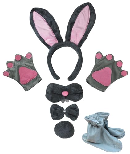 Petitebelle Hasenohren-Stirnband, Handschuhe, Nasenschuhe, 6-teiliges Kinderkostüm (Grau/Rosa, Einheitsgröße) von Petitebelle