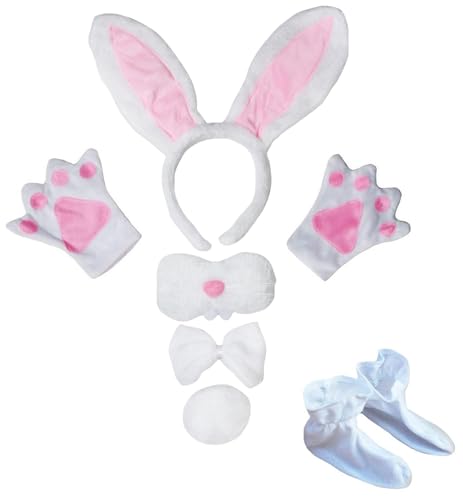 Petitebelle Hasenohren-Stirnband, Handschuhe, Nasenschuhe, 6-teiliges Kinderkostüm (Weiß/Rosa, Einheitsgröße) von Petitebelle