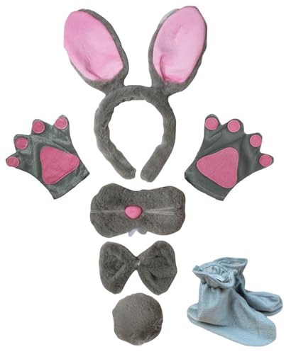 Petitebelle Hasenohren-Stirnband, Handschuhe, Nasenschuhe, 6-teiliges Kinderkostüm (grau/rosa, Einheitsgröße) von Petitebelle