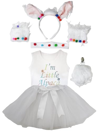 Petitebelle I'm Little Alpaka-Shirt, Stirnband, Tutu, 6-teiliges Mädchen-Kostüm, 1–8 Jahre (weiß, 3–4 Jahre) von Petitebelle