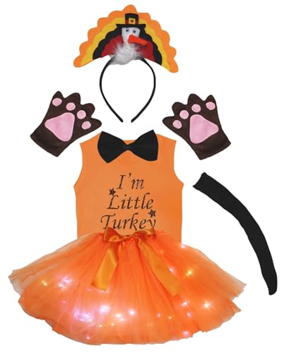 Petitebelle I'm Little Turkey Shirt-Stirnband, Tutu, 6-teiliges Mädchen-Kostüm, 1–8 Jahre (orangefarbene LED, 5–6 Jahre) von Petitebelle