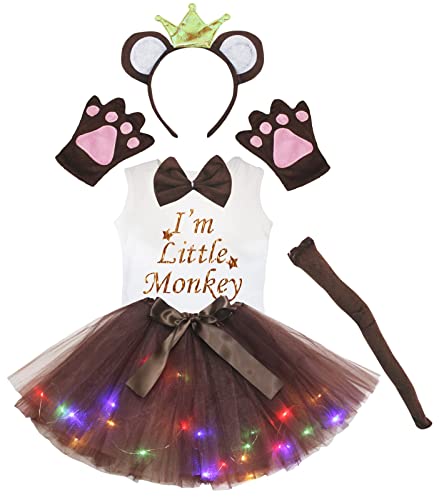 Petitebelle Krone Affe, Stirnband, Handschuhe, LED-Tutu-Shirt, 6-teiliges Mädchen-Kostüm, 1–8 Jahre (Braun, 4–5 Jahre) von Petitebelle