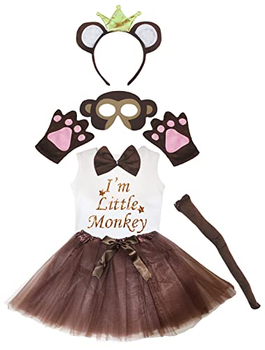 Petitebelle Krone Affe, Stirnband, Handschuhe, Tutu, Hemd, Maske, 7-teiliges Mädchen-Kostüm, 1–5 Jahre (Braun, 3–4 Jahre) von Petitebelle