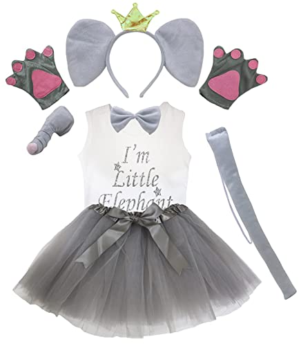 Petitebelle Krone Elefant Stirnband Handschuhe Nase Tutu Shirt 7-teiliges Mädchen-Kostüm 1-8 Jahre (Grau, 5-6 Jahre) von Petitebelle