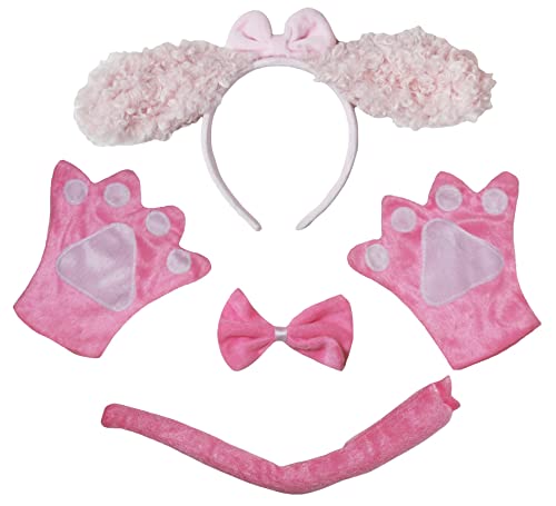 Petitebelle Lange Ohr Hund Stirnband Fliege Schwanz Handschuhe 4 Stück Erwachsene Kostüm (Rosa Pudel, One Size) von Petitebelle