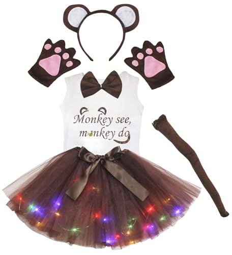 Petitebelle Monkey See Affe Do Hemd, Stirnband, braunes Tutu, 6-teiliges Mädchen-Kostüm, 1–8 Jahre (braune LED, 6–8 Jahre) von Petitebelle