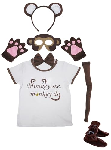 Petitebelle Monkey See Monkey Do Hemd, Stirnband, Schuhe, Maske, 7-teiliges Kostüm, 1–5 Jahre (Braun, 1–2 Jahre) von Petitebelle