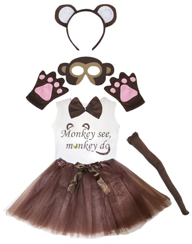 Petitebelle Monkey See Monkey Do Hemd, Stirnband, Tutu-Maske, 7-teiliges Mädchen-Kostüm, 1–5 Jahre, Braun, 4–5 Jahre von Petitebelle