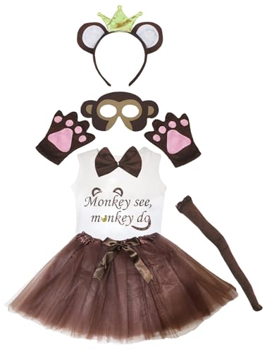 Petitebelle Monkey See Monkey Do Hemd, Stirnband, Tutu-Maske, 7-teiliges Mädchen-Kostüm, 1–5 Jahre (Krone/Braun, 3–4 Jahre) von Petitebelle