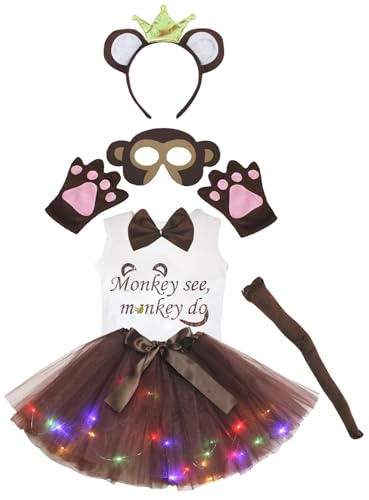 Petitebelle Monkey See Monkey Do Hemd, Stirnband, Tutu-Maske, 7-teiliges Mädchen-Kostüm, 1–5 Jahre (Krone/braune LED-LED, 1–2 Jahre) von Petitebelle