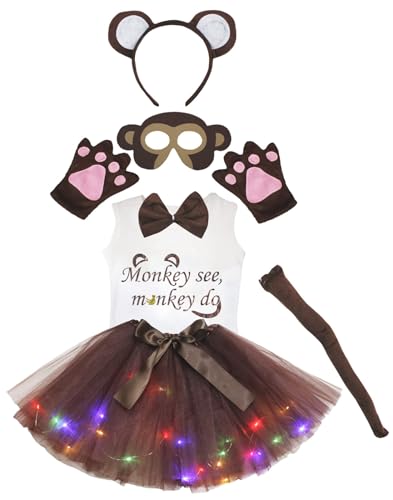 Petitebelle Monkey See Monkey Do Hemd, Stirnband, Tutu-Maske, 7-teiliges Mädchen-Kostüm, 1–5 Jahre (braune LED, 1–2 Jahre) von Petitebelle