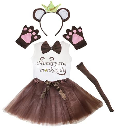 Petitebelle Monkey See Monkey Do Hemd, Stirnband, braunes Tutu, 6-teiliges Mädchen-Kostüm, 1–8 Jahre (Krone/Braun, 1–2 Jahre) von Petitebelle