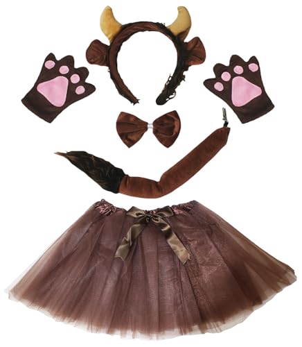 Petitebelle Rinder-Stirnband, Fliege, Schwanz, Handschuhe, Tutu, 5-teiliges Mädchen-Kostüm, 1–10 Jahre (Braun, 1–5 Jahre) von Petitebelle