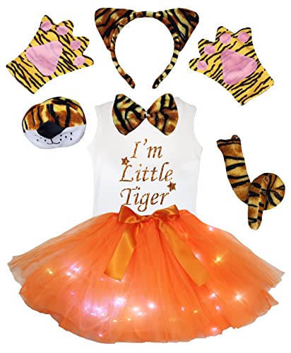 Petitebelle Tiger-Stirnband, Handschuhe, Nase, LED-Tutu-Shirt, 7-teiliges Mädchen-Kostüm, 1–8 Jahre, Orange, 4–5 Jahre von Petitebelle