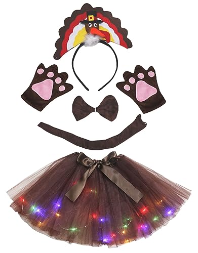 Petitebelle Türkei-Kostüm, Stirnband, Fliege, Schwanz, Handschuhe, LED-Tutu, 5-teiliges Mädchen-Kostüm, 1–10 Jahre (Braun, 5–10 Jahre) von Petitebelle