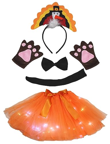 Petitebelle Türkei-Kostüm, Stirnband, Fliege, Schwanz, Handschuhe, LED-Tutu, 5-teiliges Mädchen-Kostüm, 1–10 Jahre (Orange, 1–5 Jahre) von Petitebelle