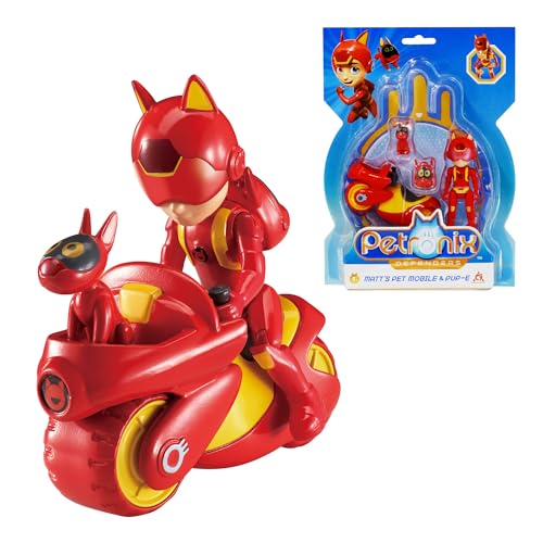 AlphaToys Petronix Defenders EU820010 - Matt Actionfigur & Pet Pup-E, ca. 8 cm große Spielfigur mit tierischem Begleiter für Kinder, inkl. Haustiermobil und Rucksack, Rot von AlphaToys