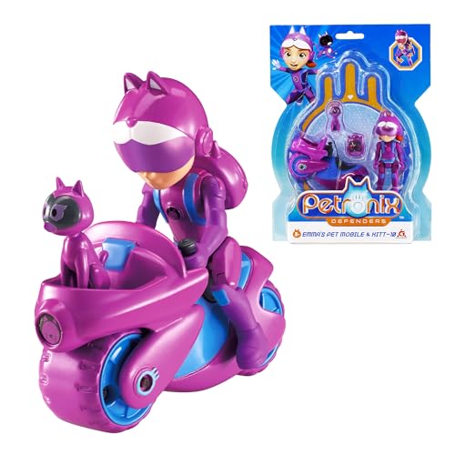 AlphaToys Petronix Defenders EU820020 - Emma Actionfigur & Pet Kitt-10, ca. 8 cm große Spielfigur für Kinder mit tierischem Begleiter, inkl. Haustiermobil und Rucksack, Violett von AlphaToys