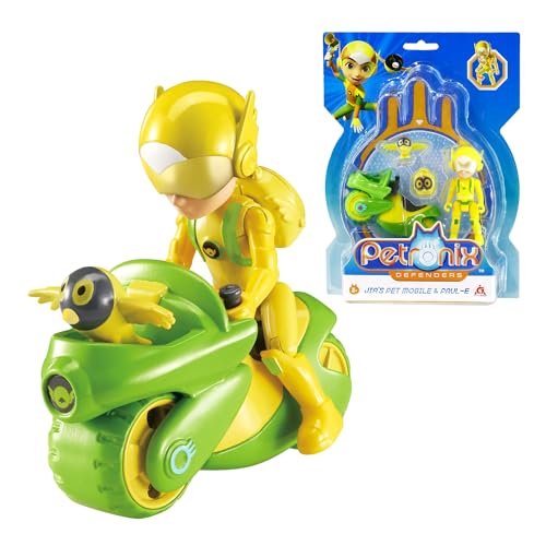 Petronix Defenders EU820040 - Jia Actionfigur & Pet Paul-E, ca. 8 cm große Spielfigur für Kinder mit tierischem Begleiter, inkl. Haustiermobil und Rucksack, Gelb von AlphaToys