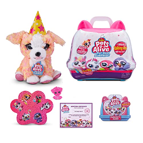 Pets Alive Pet Shop Surprise - Spielset Tierhandlung Serie 1 Geburtstagsparty Welpe, Interaktives Plüschstier mit elektronischer Sprech- und Wiederholungsfunktion von Pets Alive