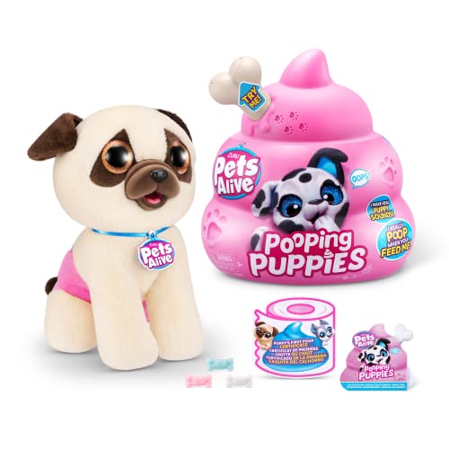 Pets Alive Pooping Puppies von ZURU, Mops, echter Haustier-Hundewelpe, Spiel-Kuscheltier, entwicklungsförderndes Plüsch, Farbwechsel-Auspacken, interaktiver elektronischer Haustier-Welpe (Mops) von Pets Alive