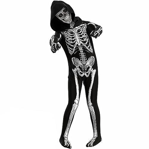 Pettaku Halloween Skeleton Kostüm mit Kapuze mit langärmeligem Skelett Jumpsuit Polyester Softschädel Druck gruseliger Halloween-Kostüme für Kinder 55,1-59.0 in Höhe von Pettaku