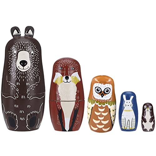 Pettaku Russische Matryoshka Toy Toy hölzernes Cartoon tiernistpuppen braun bären mee owl Kaninchen Waschbär 5 Schichten Russische Puppe für Kinder von Pettaku