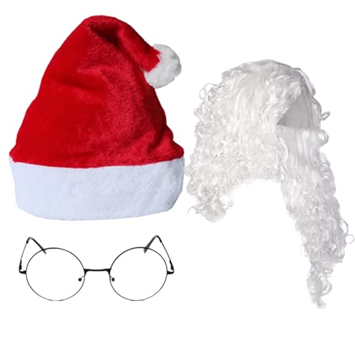 Santa Beard und Perücke Set mit Hut und Brille Realistisches Weihnachtskostüm süßes lockiges Haar Santa Claus Kostüm für Cosplay -Party 3PCS/Set von Pettaku