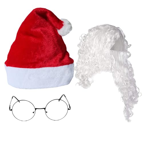 Santa Beard und Perücken Set Santa Kostüm mit weißem Bart, Weihnachtsmütze und Brille 3PCS/Set Realistic Weihnachtskostüm süßes lockiges Haar Kostüm Kopfbedeckung und Hüte für Erwachsene von Pettaku