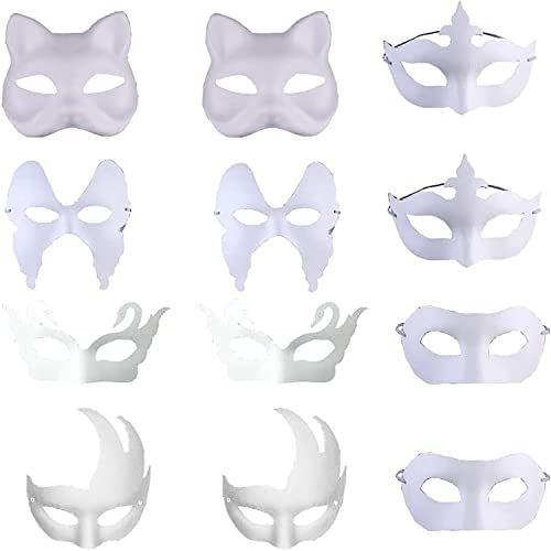 12 Stück Weiße Masks, Katzenmaske, Masken Zum Bemalen, Unbemalt Blanko-Maske Papier, Fuchs Maske, Carnival, Party, Maskenball Party, Halloween, Karneval, Cosplay, Diy Malerei, Innovation von Peuirre