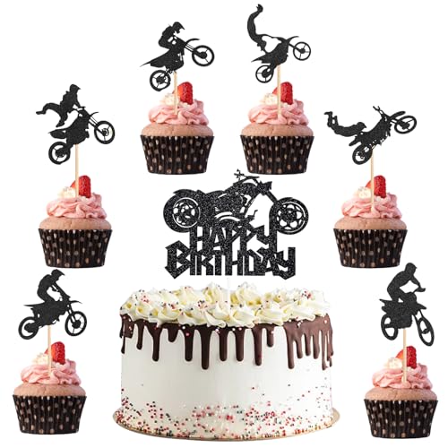 25 Stück Geburtstag Tortendeko, Glitter Cake Topper, Thema Dekoration, Motorrad Tortendeko für Männer Jungen Geburtstag Sport Thema Party Dekoration(Schwarz) von Peysaitr