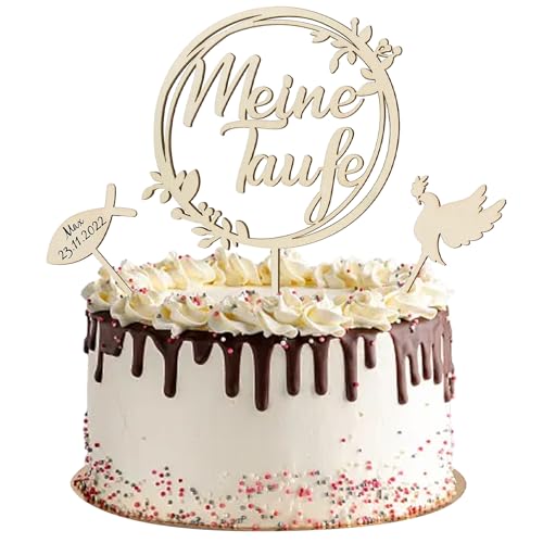 3 Stück Cake Topper Taufe Holz Taufe Torten, Taufe Torten Topper Taube Fisch Kranz Kuchen Deko, Cake Topper Personalisiert für Geburtstage Taufen Duschen Kommunionfeiern Holz, Babyparty, Babydusche von Peysaitr