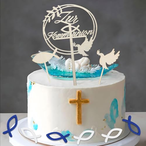 39 Stück Kommunion Cake Topper, Holz Fische Tortendeko, Personalisiert Cake Topper, Party Dekoration für Junge Mädchen von Peysaitr