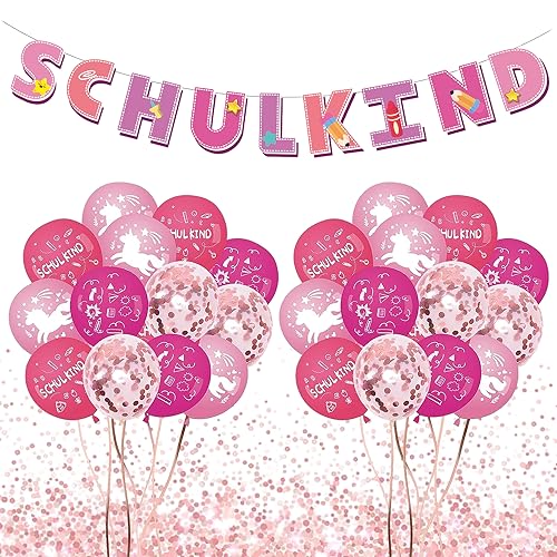 Schuleinführung Schulanfang Luftballon Set, Geschenk Einschulung Junge Deko Rosa, 24 Stück Luftballon + SCHULKIND Rosa Banner, Einschulung Schuleinführung Schulanfang Deko Set für Mädchen von Peysaitr