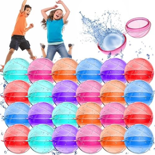 Pfloge Wasserbomben Wiederverwendbar 24 Stück, Schnelles Befüllen Wiederverwendbare Wasserbomben Set, Bunt Silikon Wasserball, Pool Spielzeug, Wasserspielzeug Kinder Outdoor, Strandspielzeug von Pfloge