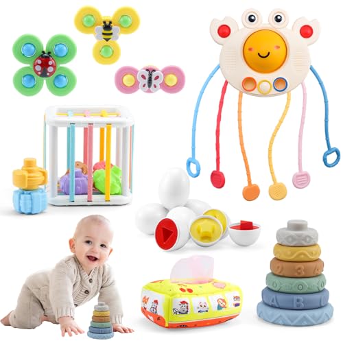 Montessori Spielzeug Set für Babys, enthält Pull String Spielzeug,6 Stück weiche Gummiringe,Tissue Box,Saugnapf Spinner,Magic Box,Surprise Eggs,pädagogische und sensorische Baby-Spielzeug von Pgtc