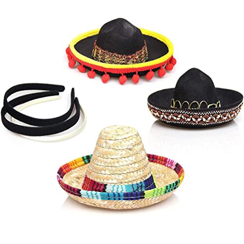 Phefop 3er-Pack Cinco De Mayo Fiesta-Stirnbänder, Mexikanische Sombrero-Hüte, Party-Fotokabinen-Requisiten für, Haustiere, Vliesstoff und Stroh, Zimmertischdekorationen (3PCS Bildfarbe) von Phefop