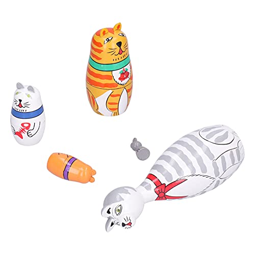 Phefop Katzen-Nistpuppen, Handgefertigtes Holz-Bastelset für Heimdekoration und Festliche Geschenke, 5-teiliges Langhalsiges Cartoon-Tier-Ornament-Set von Phefop