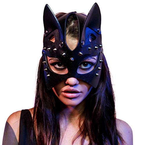 Phefop Katzenohr-Nieten-Cosplay-Maske, PU-Leder-Halbgesichtsmaske, Halloween-Maskerade-Karneval, Einheitsgröße (verstellbar) mit Rückenschnallenadapter, für Kostümparty-Balltanz (BLACK) von Phefop