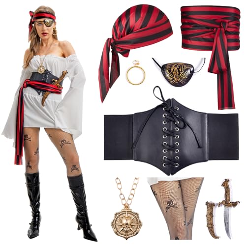 Phestival Karneval Kostüm Damen -[8 in 1 Pack] Piratin Kostüm Damen Frauen mit Piraten Zubehör [Piraten Korsett][Bandana] - Faschingskostüme Damen Piratin für Karneval Partys und Maskeraden [Large] von Phestival