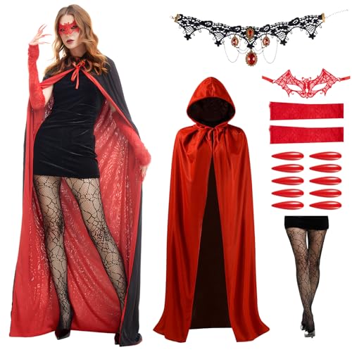 Phestival Teufel Kostüm Damen -[15 in 1 Paket] Deluxe Halloween Kostüm Damen Gruselig Teufel Umhang Set mit Premium-Zubehör für Frauen Halloween, Themenpartys (Kapuzenumhang, Medium-1.4m) von Phestival