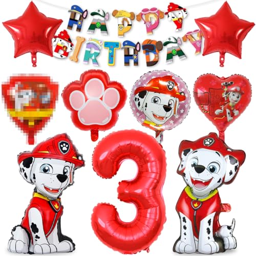 Hund Geburtstag Deko 3 jahre, 10pcs Dog Luftballon 3 Deko Kindergeburtstag Rot, Ballonheld Folienballon, Happy Birthday Banner für Hundl Party, Helium Ballon Set für Jungen Mädchen von Philoctes