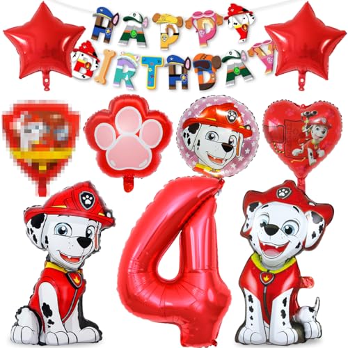 Hund Geburtstag Deko 4 jahre, 10pcs Dog Luftballon 4 Deko Kindergeburtstag Rot, Ballonheld Folienballon, Happy Birthday Banner für Hundl Party, Helium Ballon Set für Jungen Mädchen von Philoctes